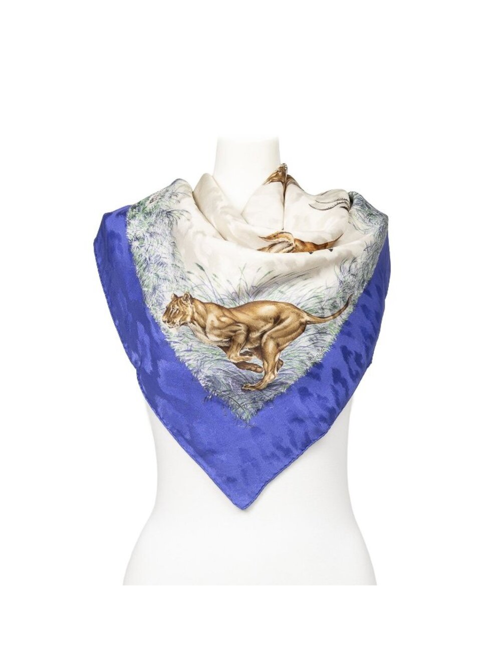 Hermes Scarf Blue Beige Brown Jacquard Silk